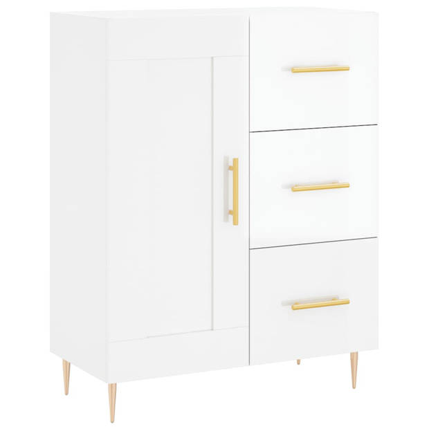 The Living Store Dressoir Retro - Hoogglans wit - 69.5 x 34 x 90 cm - Bewerkt hout en metaal