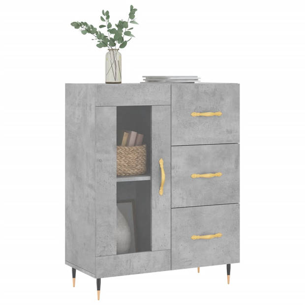 The Living Store Dressoir Betongrijs - 69.5 x 34 x 90 cm - Stevig bewerkt hout - glas - metaal