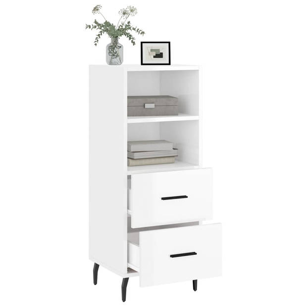 The Living Store Dressoir Hoogglans wit - Bewerkt hout/metaal - 34.5 x 34 x 90 cm - Stevig blad