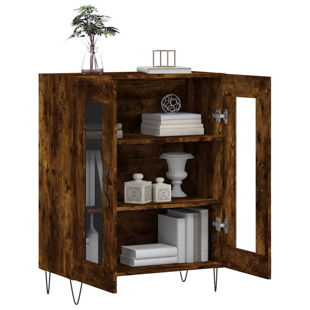 The Living Store Dressoir Smoked Oak - Houten kast met glazen ontwerp - 69.5x34x90 cm - Opbergruimte en displayfunctie