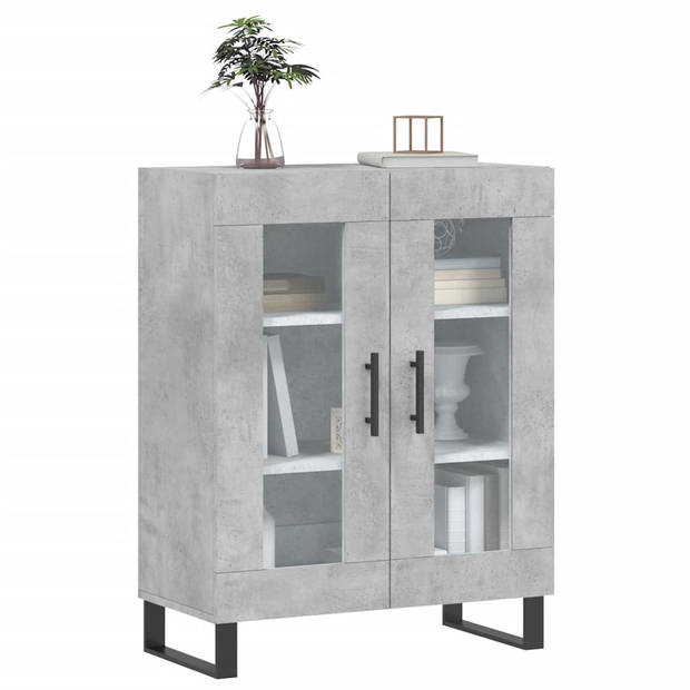 The Living Store Dressoir Betongrijs - Bewerkt hout - 69.5 x 34 x 90 cm - Glas ontwerp