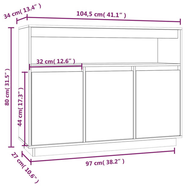 vidaXL Dressoir 104,5x34x80 cm massief grenenhout grijs