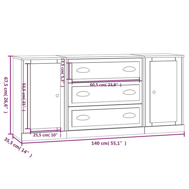 The Living Store Dressoir Classic Bruineiken - 140x35.5x67.5 cm - 3 stuks