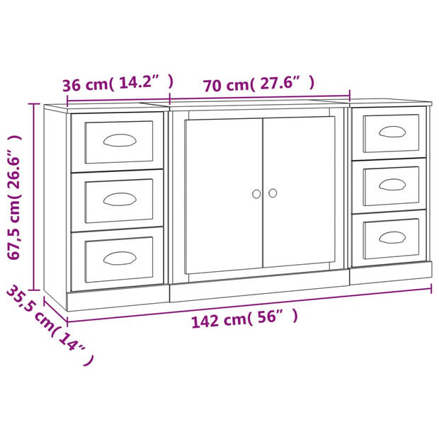 vidaXL Dressoirs 3 st bewerkt hout wit