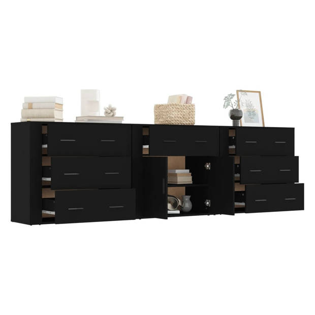 The Living Store Dressoir - Klassiek - Zwarte 3-delige Set - 80x33x70 cm - Bewerkt Hout