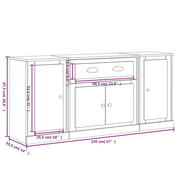 The Living Store Dressoir Classic Hoogglans Wit - 145 x 35.5 x 67.5 cm - Bewerkt Hout