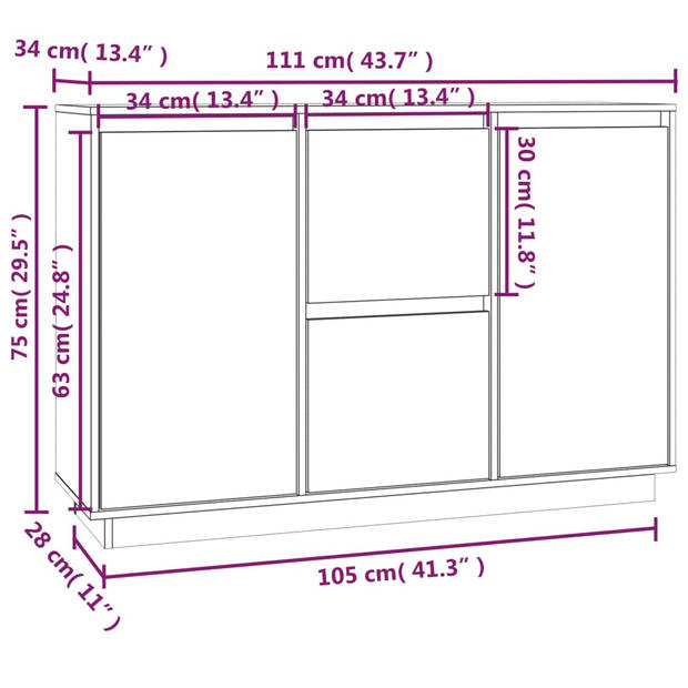 vidaXL Dressoir 111x34x75 cm massief grenenhout