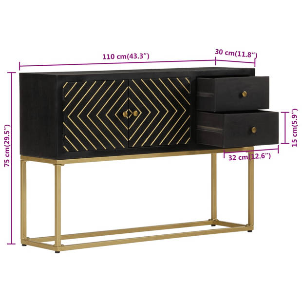 The Living Store Dressoir Mangohout Zwart/Goud - 110x30x75 cm - Stevig en opvallend - Metalen poten - Montage vereist