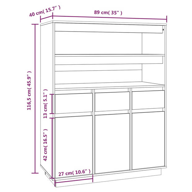 vidaXL Hoge kast 89x40x116,5 cm massief grenenhout zwart