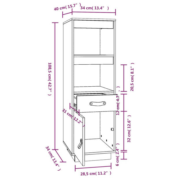 vidaXL Hoge kast 34x40x108,5 cm massief grenenhout zwart