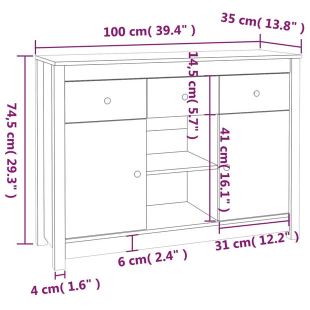 vidaXL Dressoir 100x35x74,5 cm massief grenenhout wit