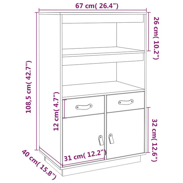 vidaXL Hoge kast 67x40x108,5 cm massief grenenhout grijs