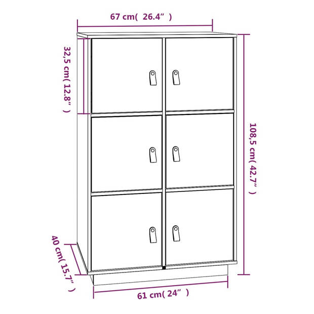 vidaXL Hoge kast 67x40x108,5 cm massief grenenhout zwart