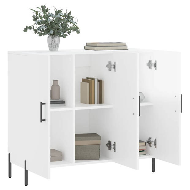 The Living Store Dressoir Modern Wit Hout-Metaal 90x34x80 cm - Opbergkast met Metalen Poten