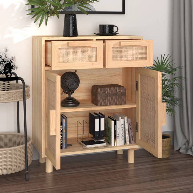 The Living Store Dressoir - Bruin - 60 x 30 x 75 cm - Rattan - Massief grenenhout