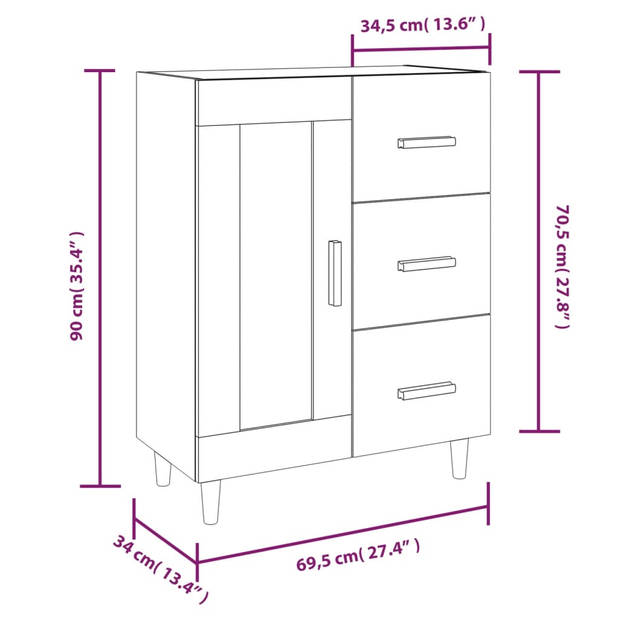 vidaXL Dressoir 69,5x34x90 cm bewerkt hout grijs sonoma eikenkleurig