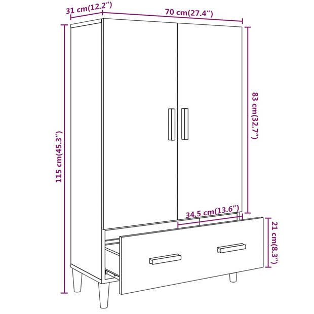 vidaXL Hoge kast 70x31x115 cm bewerkt hout bruin eikenkleur