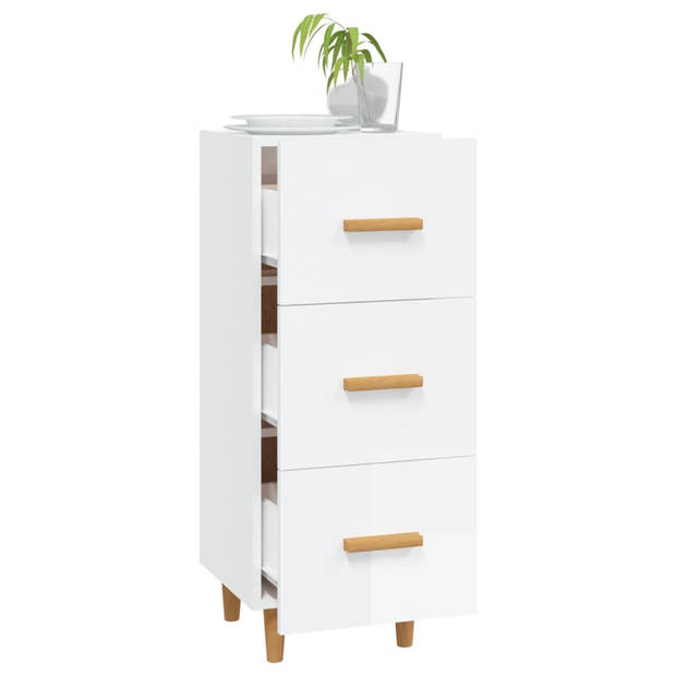 The Living Store Dressoir Kast - Hoogglans Wit - 34.5 x 34 x 90 cm - Bewerkt Hout en Eucalyptushout