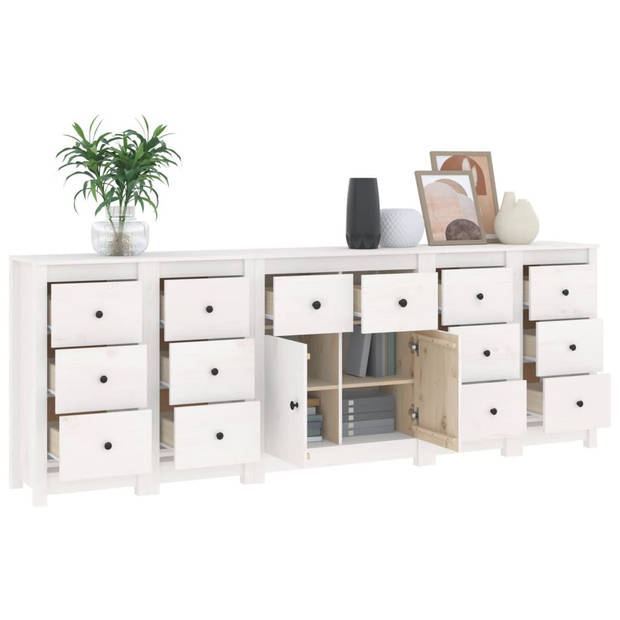 The Living Store Dressoir Massief Grenenhout - Wit - 230 x 35 x 80 cm - Met Deuren en Lades