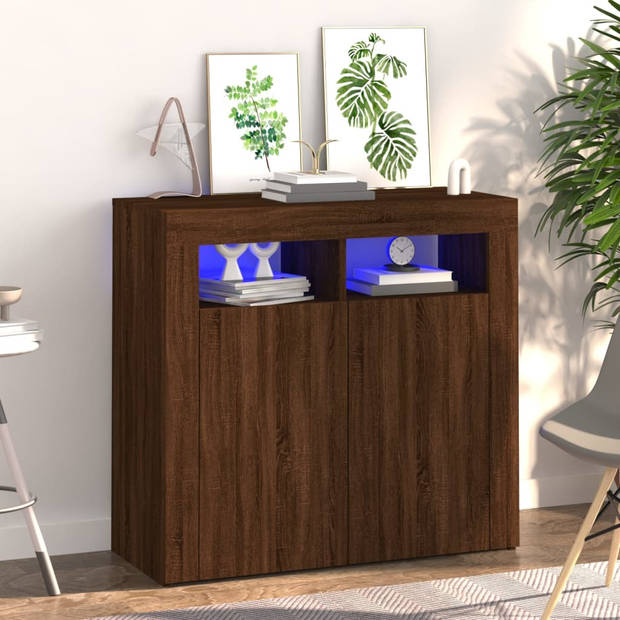 The Living Store Dressoir - LED-verlichting - Bewerkt hout - Afmetingen- 80 x 35 x 75 cm - Bruineiken kleur