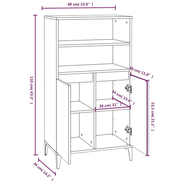 vidaXL Hoge kast 60x36x110 cm bewerkt hout betongrijs