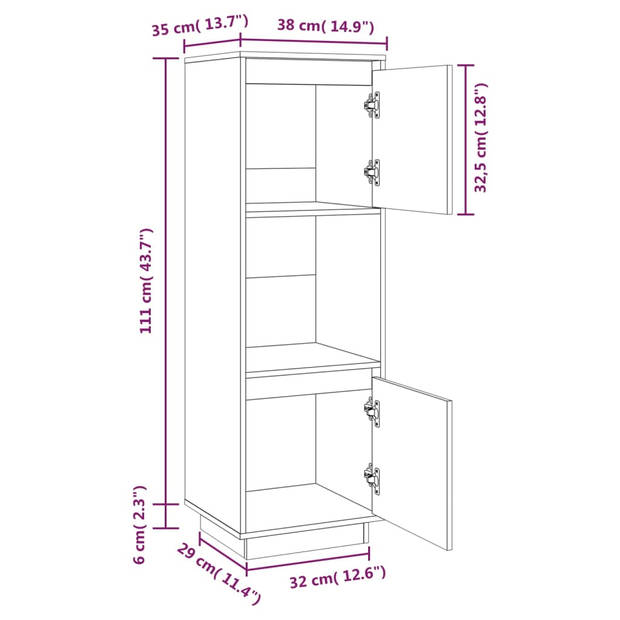 vidaXL Hoge kast 38x35x117 cm massief grenenhout grijs