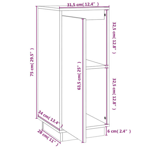 vidaXL Dressoirs 2 st 31,5x34x75 cm massief grenenhout wit