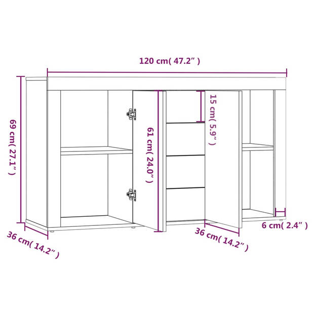 The Living Store Dressoir Modern Grijs Sonoma Eiken - 120 x 36 x 69 cm - Met Opbergruimte