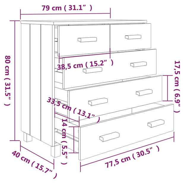 The Living Store HAMAR Dressoir - 79 x 40 x 80 cm - Massief grenenhout - Wit - 5 lades