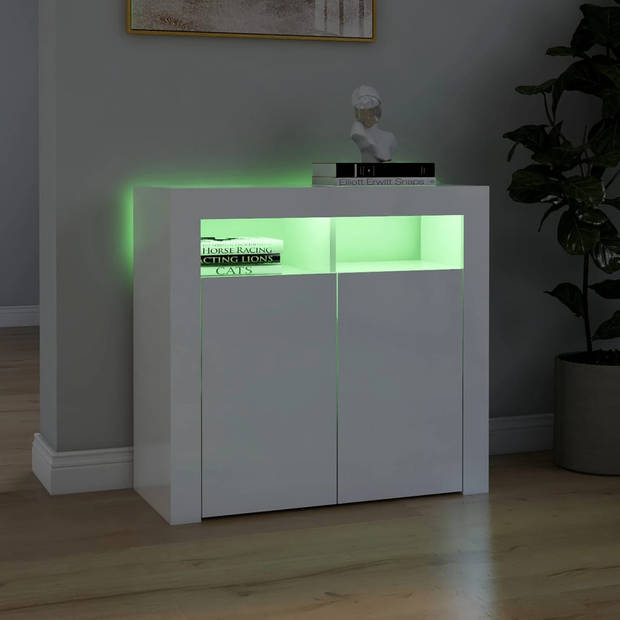 The Living Store Dressoir - Bewerkt hout - 80 x 35 x 75 cm - LED-verlichting - Hoogglans wit