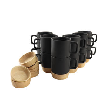 OTIX Espresso Kopjes - Zwart - Set van 12 - 120 ml - met Bamboe - Onderzetter