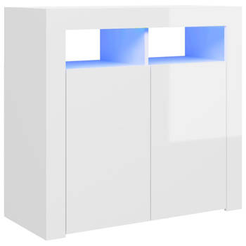 The Living Store Dressoir - Bewerkt hout - 80 x 35 x 75 cm - LED-verlichting - Hoogglans wit