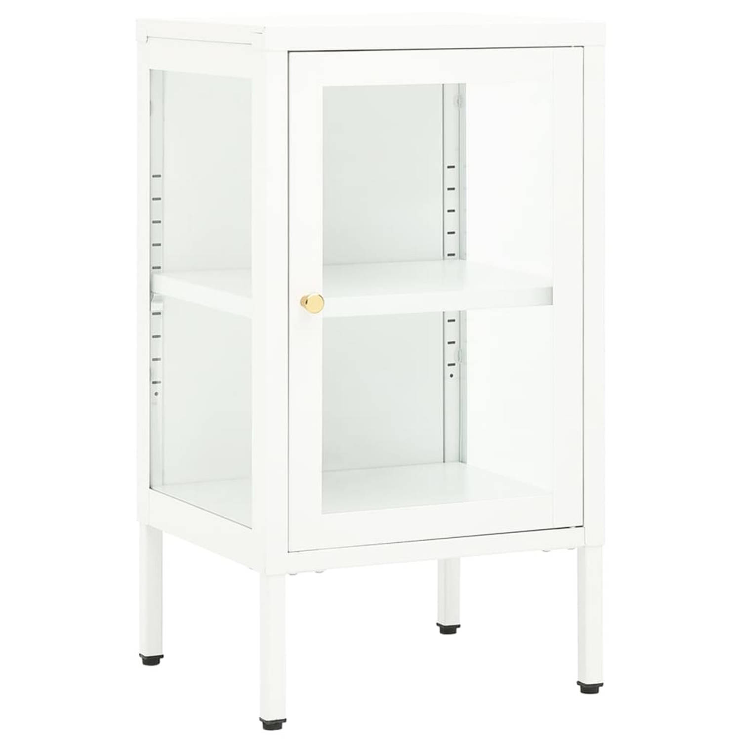 The Living Store Dressoir Opbergkast - 38 x 35 x 70 cm - Wit Staal en Glas met Verstelbaar Schap en Poten