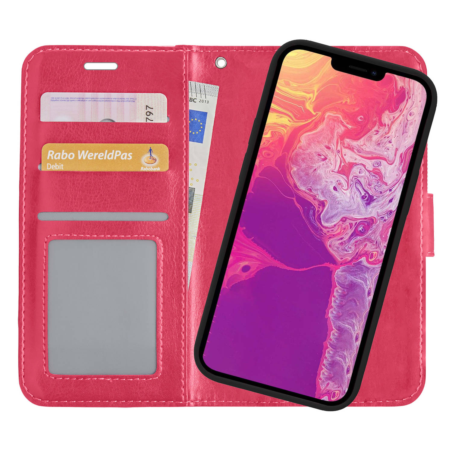 iPhone 13 Pro Hoesje Bookcase Hoes 2-in-1 Cover - iPhone 13 Pro Hoes 2-in-1 Hoesje Case - Donker Roze