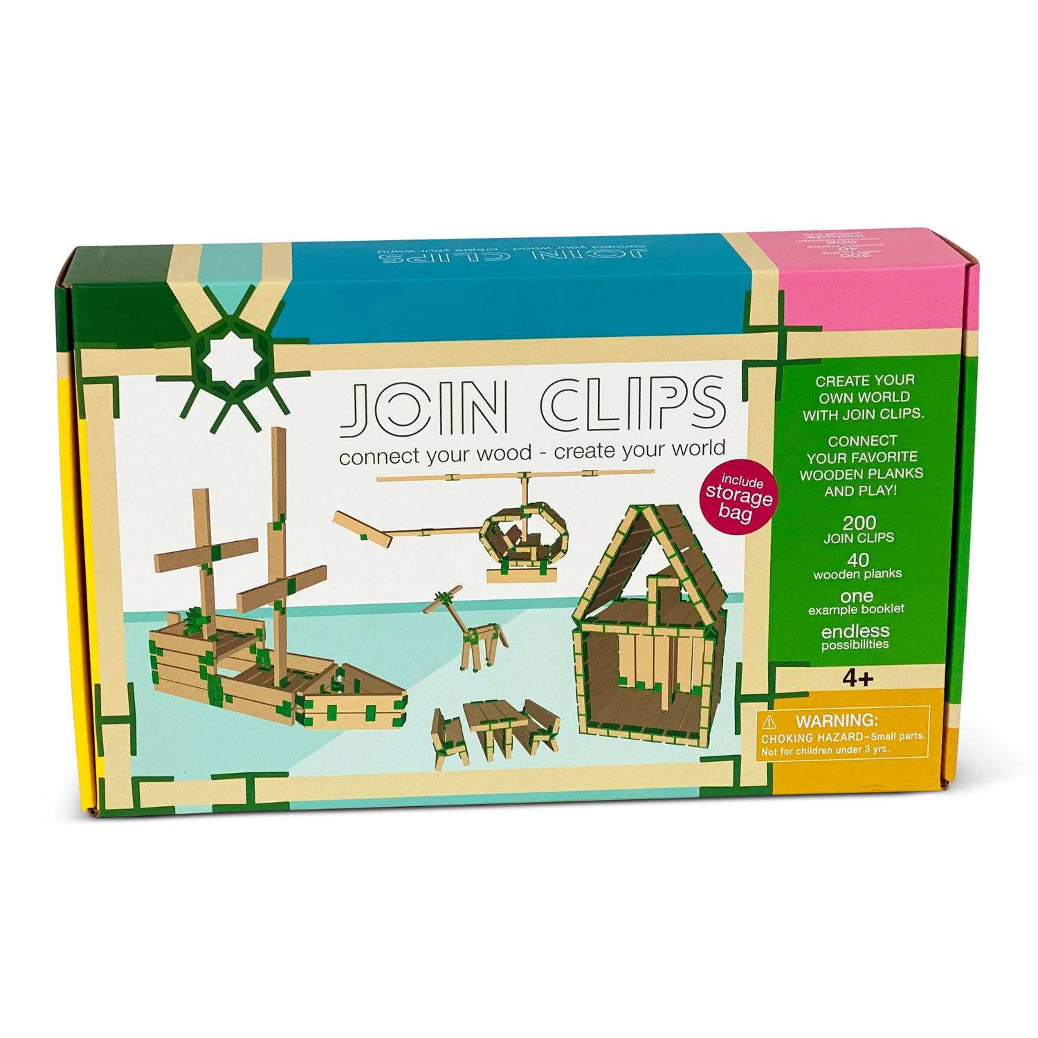 JOIN CLIPS®: 200 JOIN CLIPS BASIS SET - STARTER EDITIE  - 40 houten bouwplankjes - bouwboekje - en extra speel-opbergkleed
