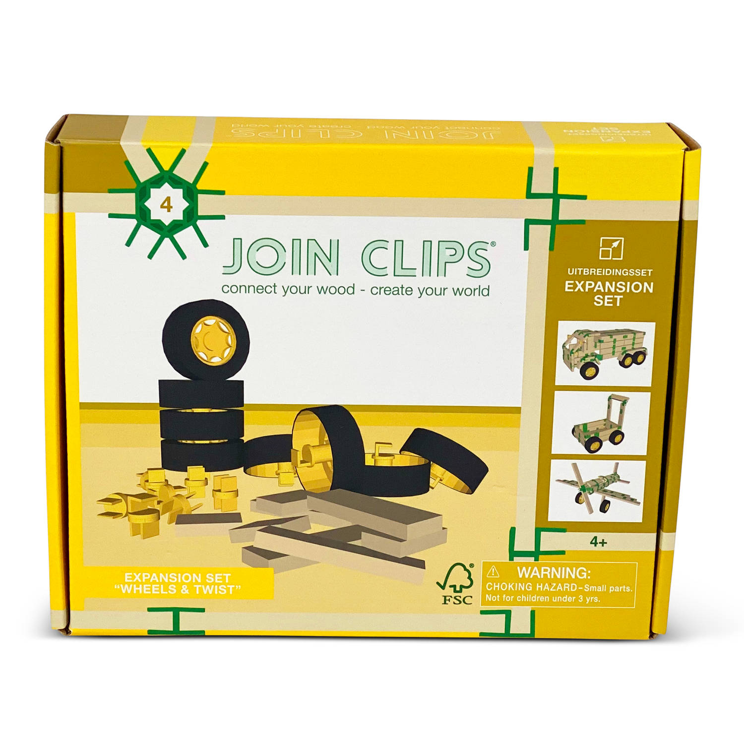 JOIN CLIPS®: Uitbreidingsset WIELEN EN DRAAICLIPS- voertuigen - molens bouwen met houten bouwplankjes