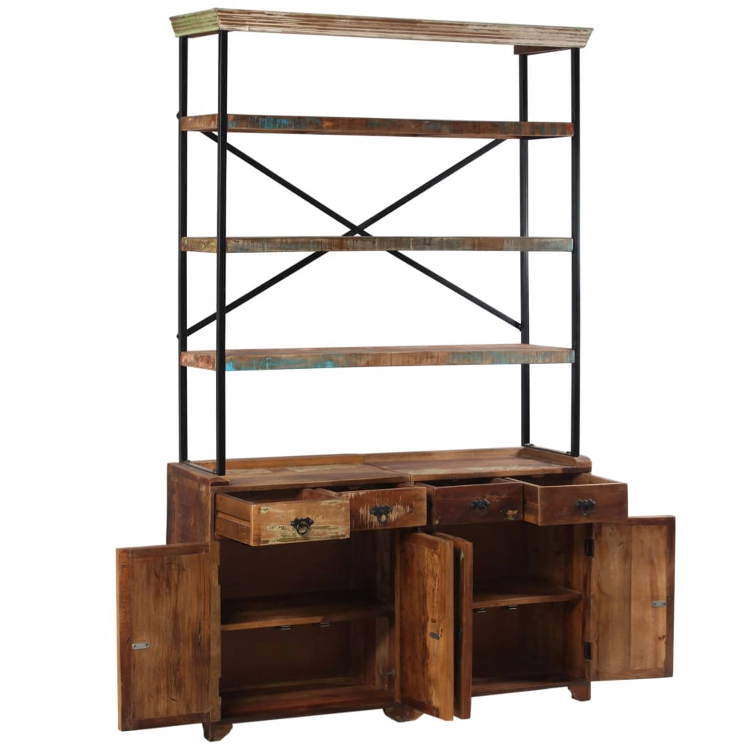 The Living Store Dressoir Vintage Gerecycled Hout - 120x35x200 cm - 4 lades - 2 kasten - 3 planken