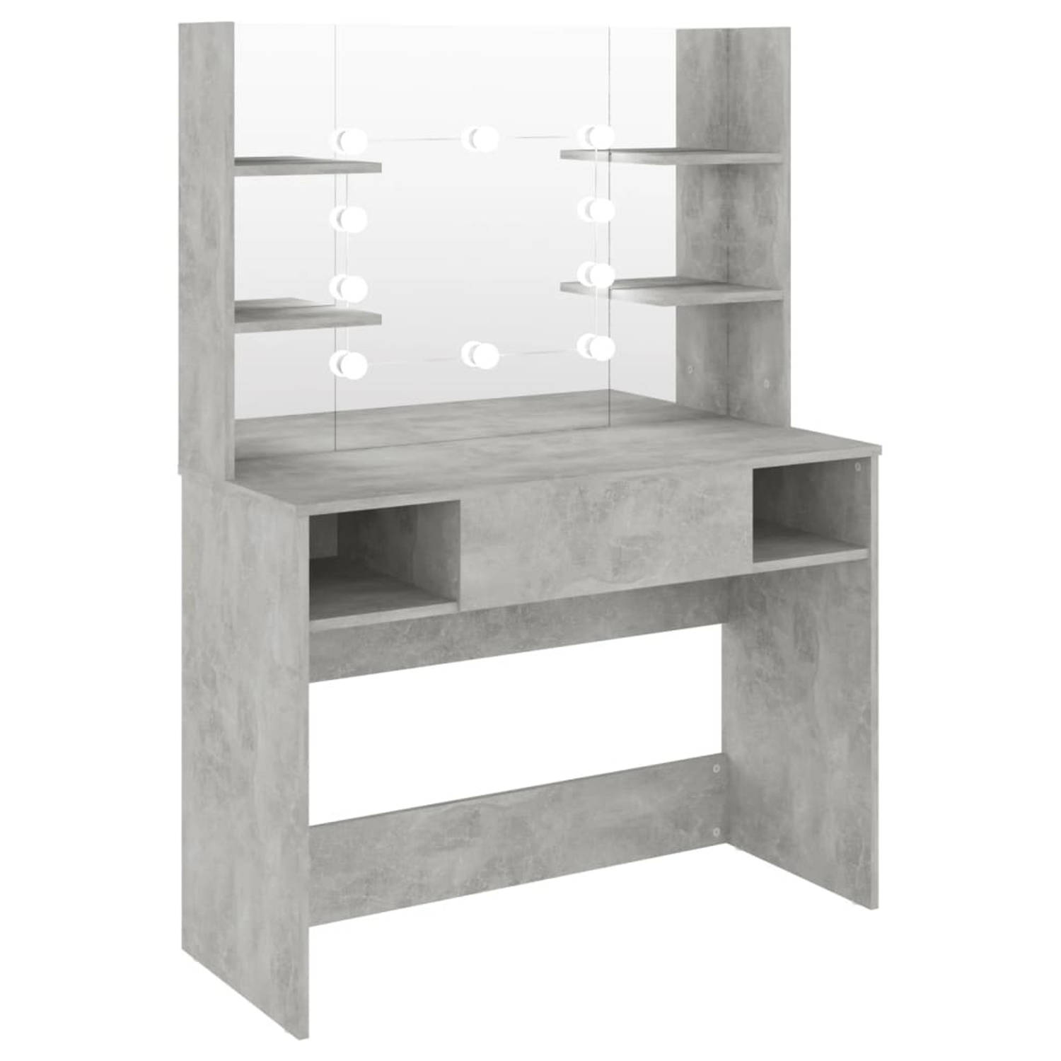 The Living Store Kaptafel Betongrijs met Spiegel - 100x40x135cm - MDF Materiaal - Incl - 10x LED-lamp