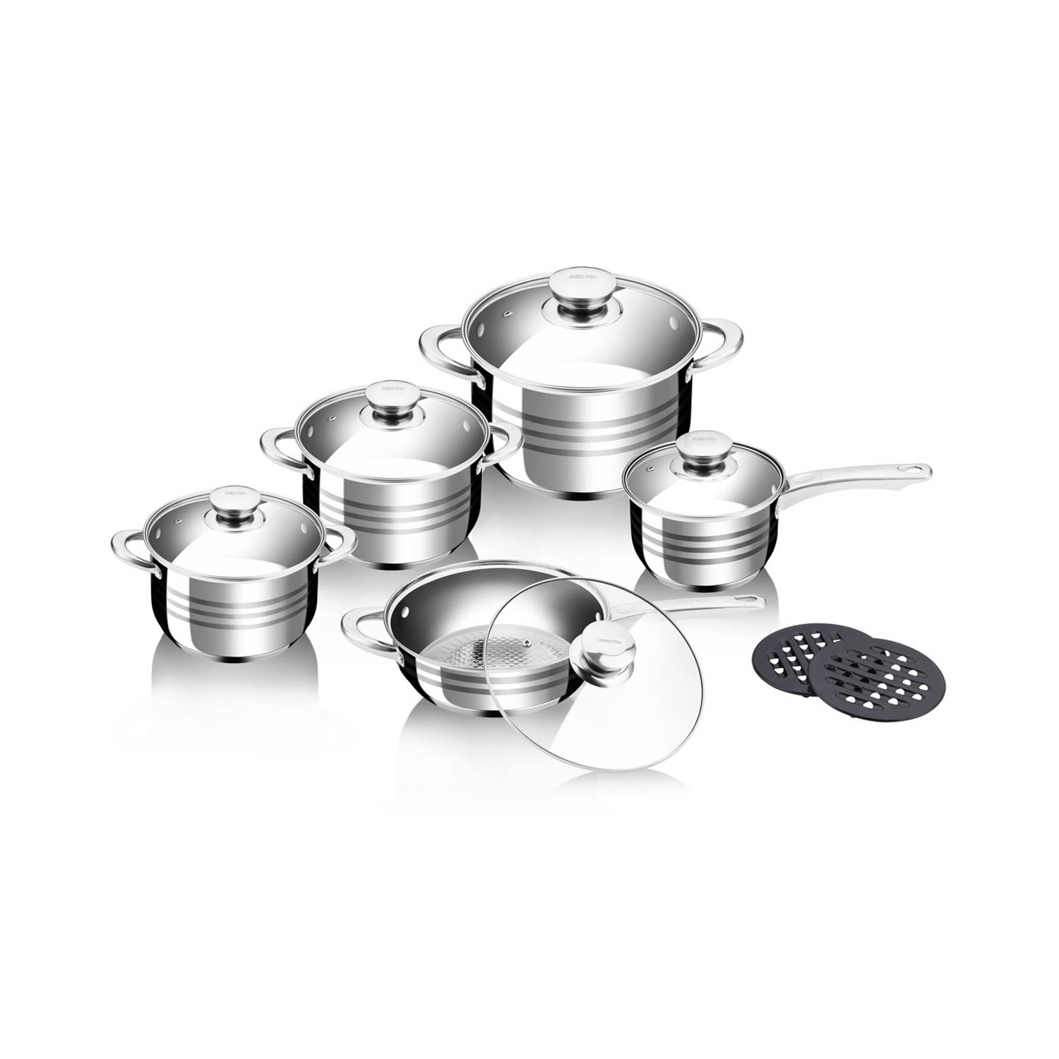 Maison & Kitchen Kookpannen Pannenset inductie 12-delig Glazen Deksel RVS Pan Steelpan Koekenpan PFA
