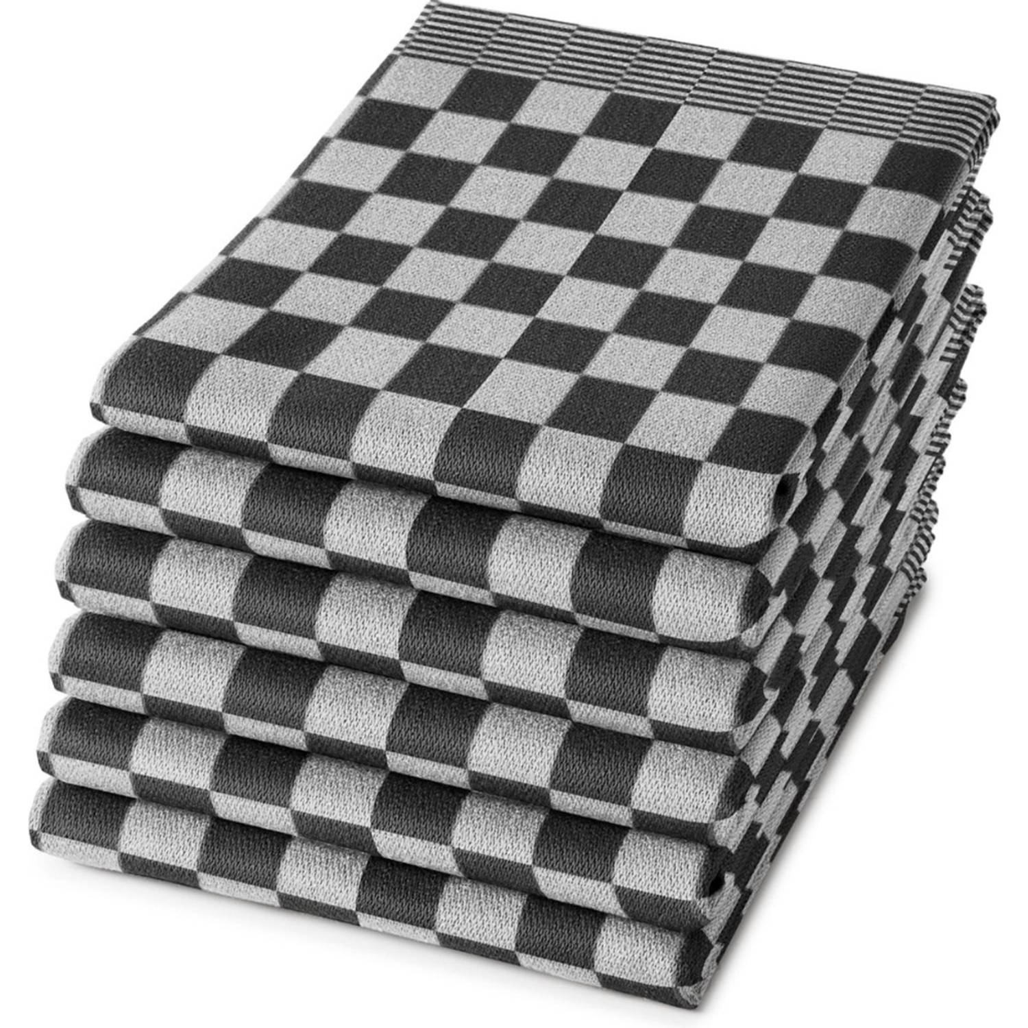 Dromtextiel Horeca Theedoeken Set Zwart Wit - 6x Stuks 65x65cm - Sneldrogend Horecakwaliteit Geblokt hoogwaardige kwaliteit