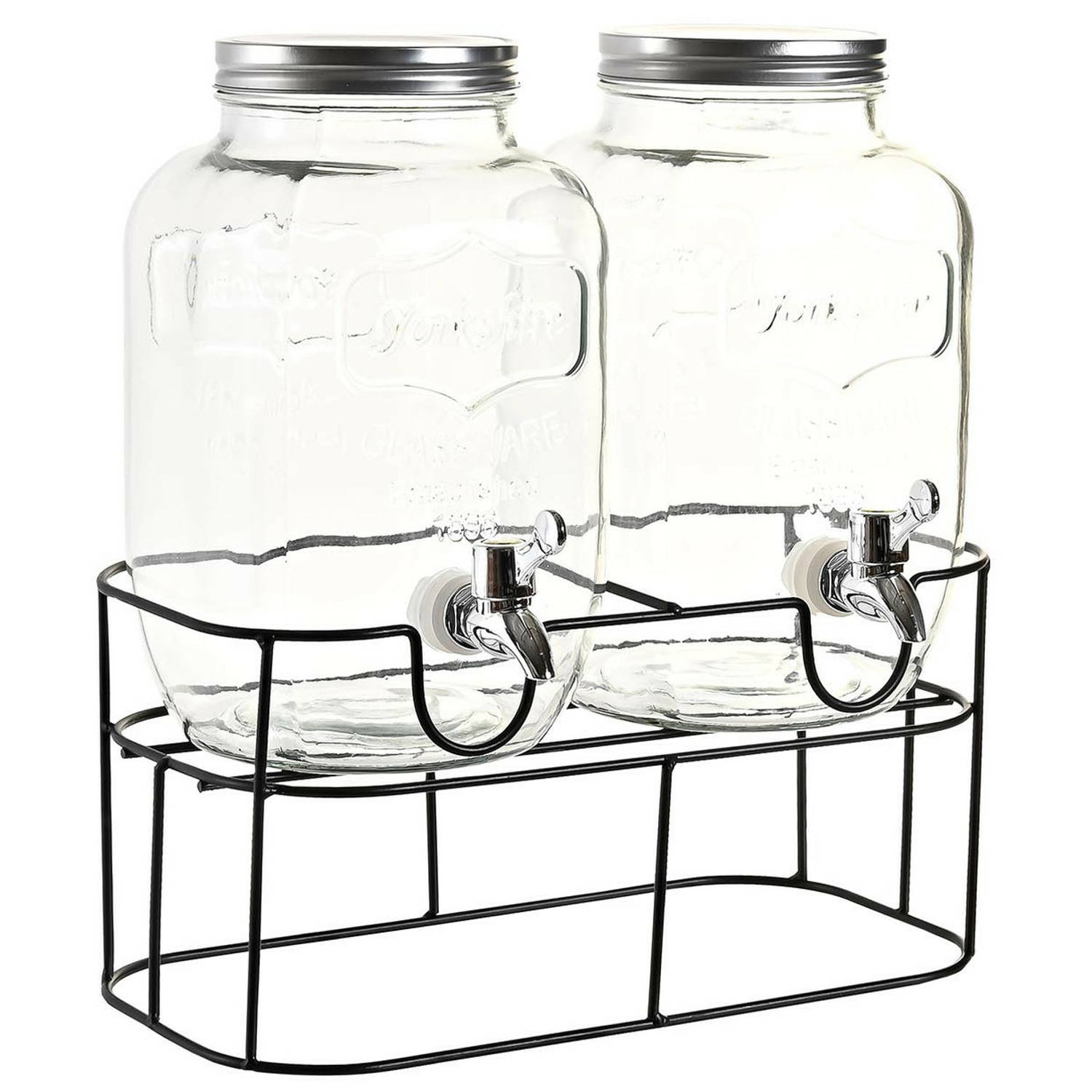 Items Drank dispensers/limonadetap - set van 2x stuks - 4 liter - glas - in houder met metalen kraantje