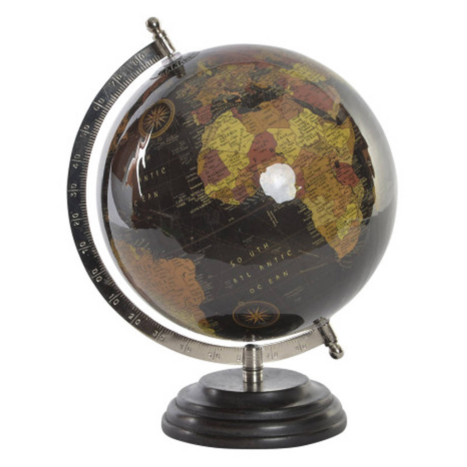 Items Deco Wereldbol/Globe op voet - kunststof - zwart - home decoratie artikel - D20 x H28 cm