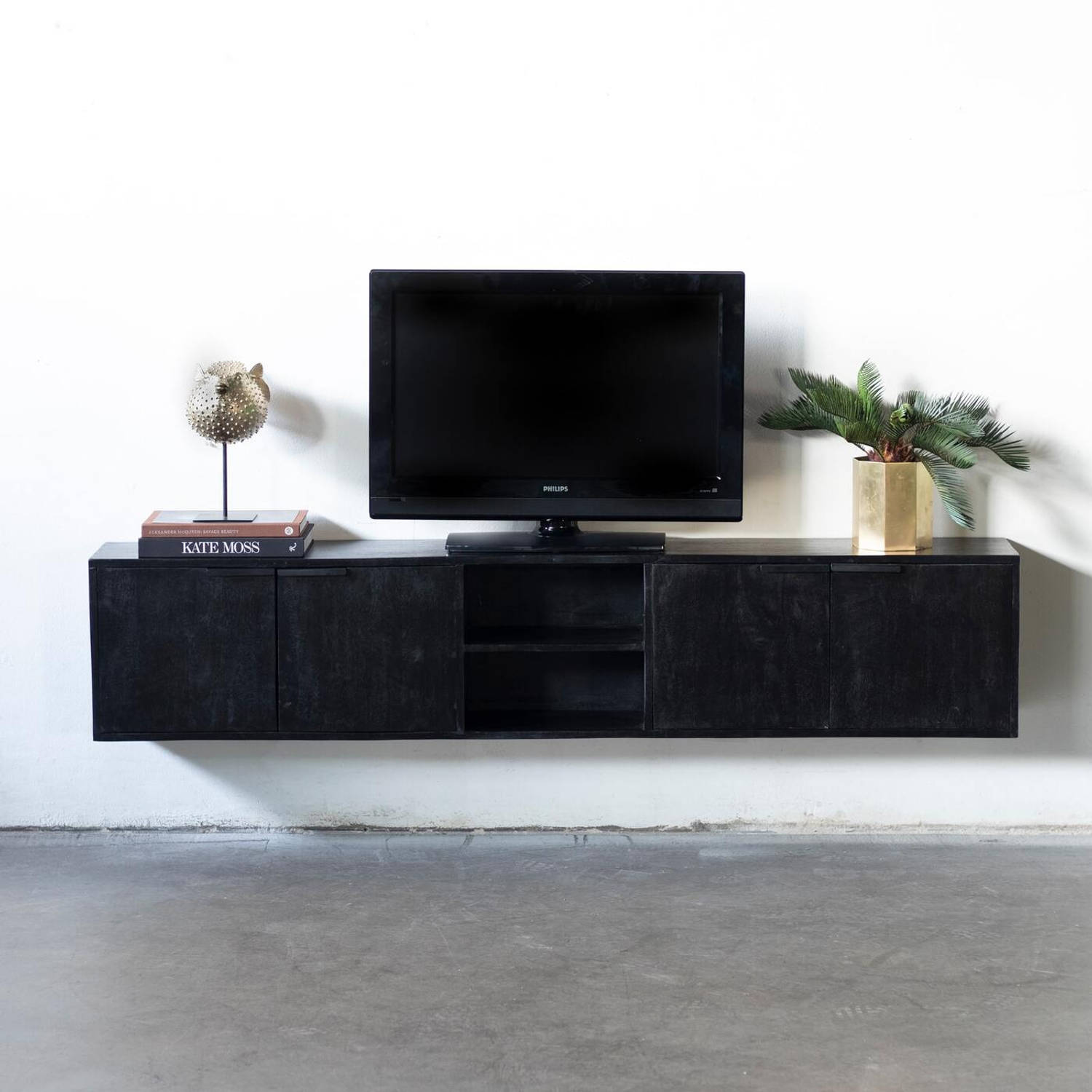 Giga Meubel Zweven Tv-meubel Ijzer-Hout Zwart 200x30x40 Zen