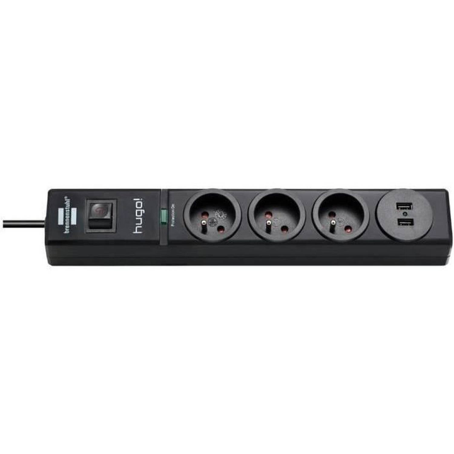 BRENNENSTUHL Power strip hugo! 3 uitgangen en 2 USB-uitgangen met overspanningsbeveiliging - Zwart