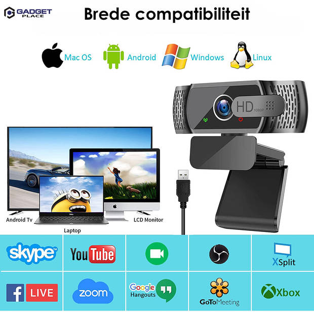 Full HD Pro Webcam met Ruisvrije Microfoon - Incl. Tripod en Webcam Cover - 1080P - Voor Laptop en PC - Windows en Mac