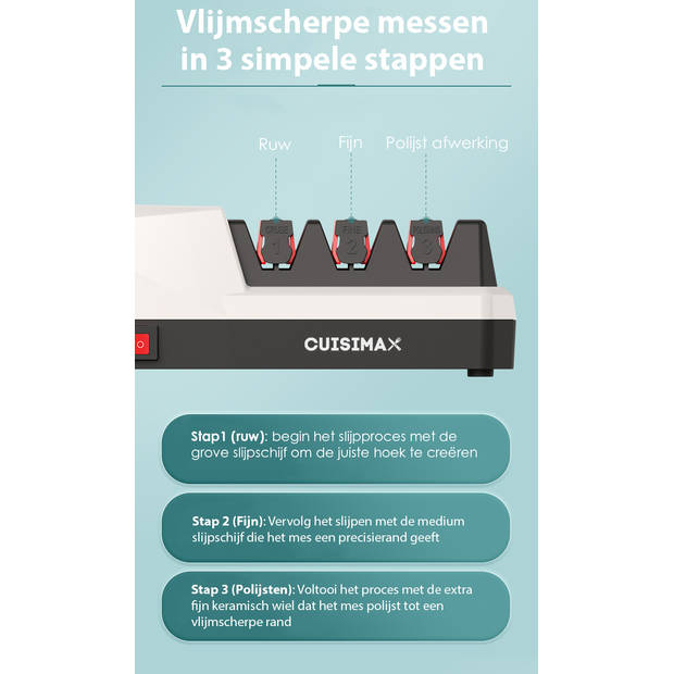 Cuisimax Elektrische Messenslijper met Diamanten Slijpsteen - 3 Fasen - Geschikt voor alle messen - Mes