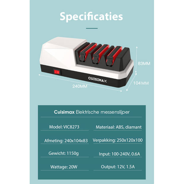 Cuisimax Elektrische Messenslijper met Diamanten Slijpsteen - 3 Fasen - Geschikt voor alle messen - Mes