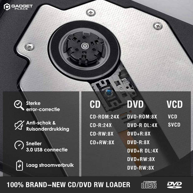 Externe DVD Speler en Brander voor Laptop & Macbook - DVD/CD - USB 3.0 en USB-C adapter - Optische drive - Plug & Play