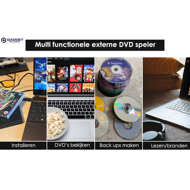 Externe DVD Speler en Brander voor Laptop & Macbook - DVD/CD - USB 3.0 en USB-C adapter - Optische drive - Plug & Play