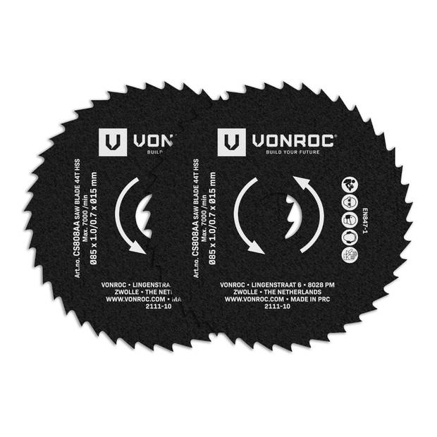 VONROC HSS zaagbladen voor mini cirkel- en invalzagen – 85x15mm – 44 tanden - 2 stuks cirkelzaagbladen – Voor hout, lami